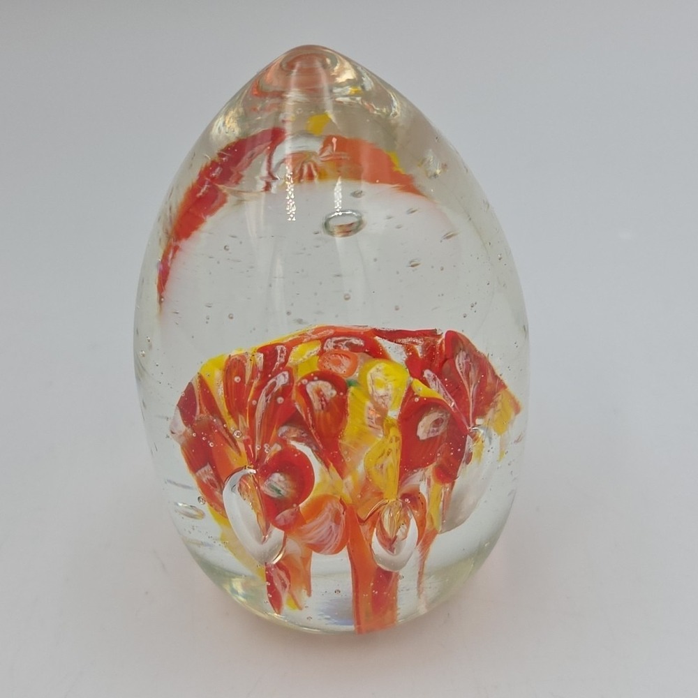 Vintage Murano Art Style Egg Shape Glass Paper Weight Red Swirl Flame Design 3"
